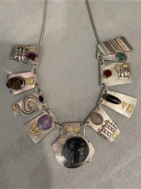 Stunning Handcrafted Sterling Silver, 14k Gold Accents, Gemstones Bold Necklace